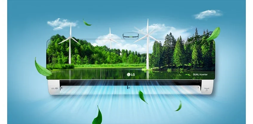Aire acondicionado split inverter sobre un paisaje limpio de bosque y cielo despejado